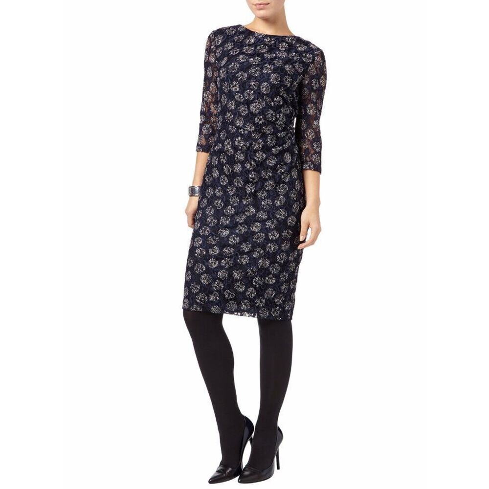 $260 Phase Eight Navy Blue White Circle Lace Sheath Dress 8 UK 4 US NEW P301